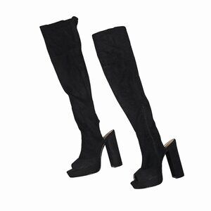 Liliana Black Over-The-Knee Platform Boots Peep Toe Chunky Heel Faux Suede SZ 10